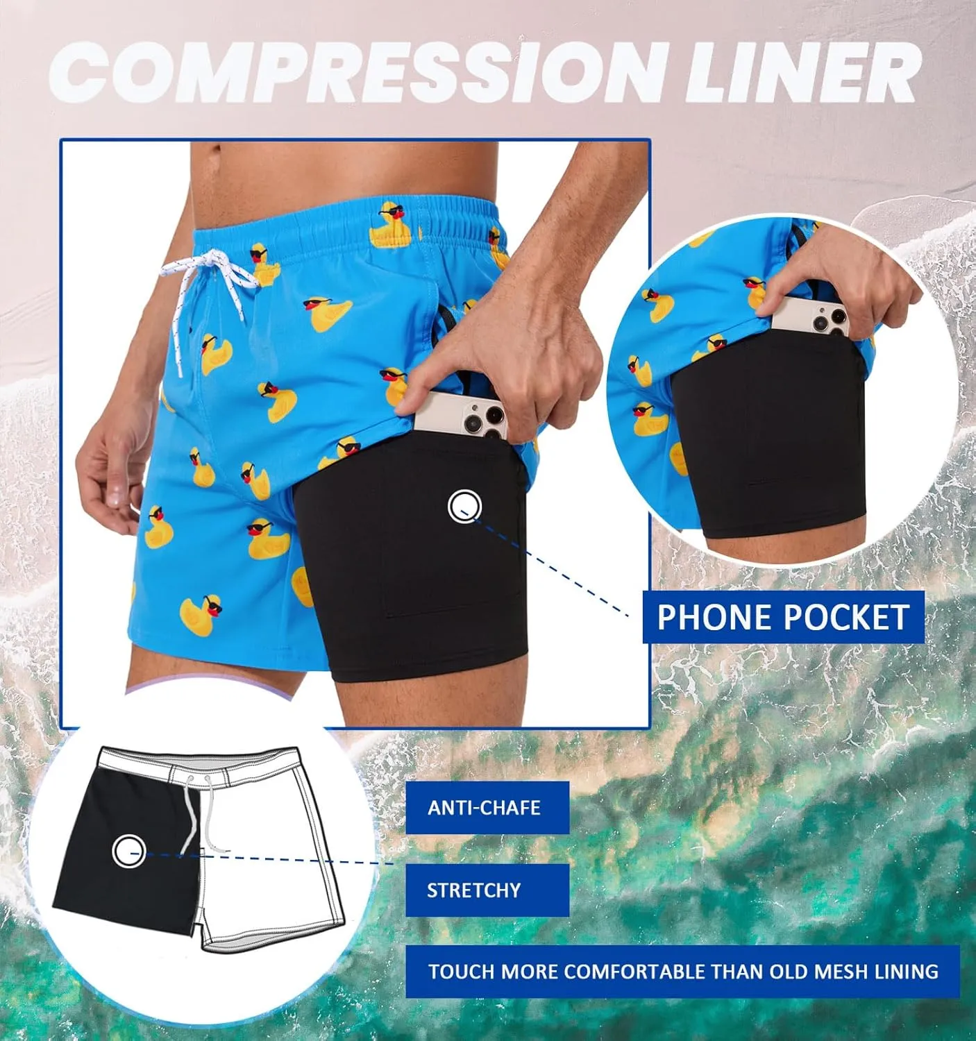 Aueyan Mens Swim Trunks 5.5 inch with Compression Liner Zipper Pockets,Quick Dry Swimsuit Trunks Funny Beach Board Shorts