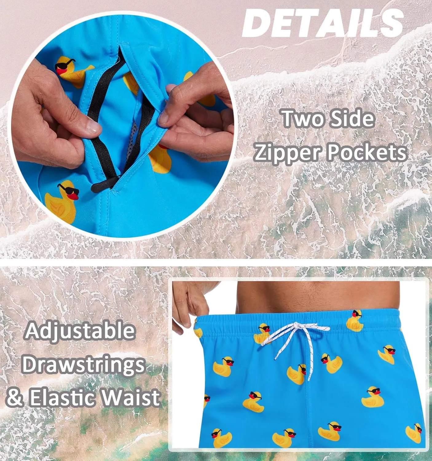 Aueyan Mens Swim Trunks 5.5 inch with Compression Liner Zipper Pockets,Quick Dry Swimsuit Trunks Funny Beach Board Shorts