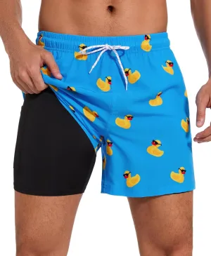 Aueyan Mens Swim Trunks 5.5 inch with Compression Liner Zipper Pockets,Quick Dry Swimsuit Trunks Funny Beach Board Shorts