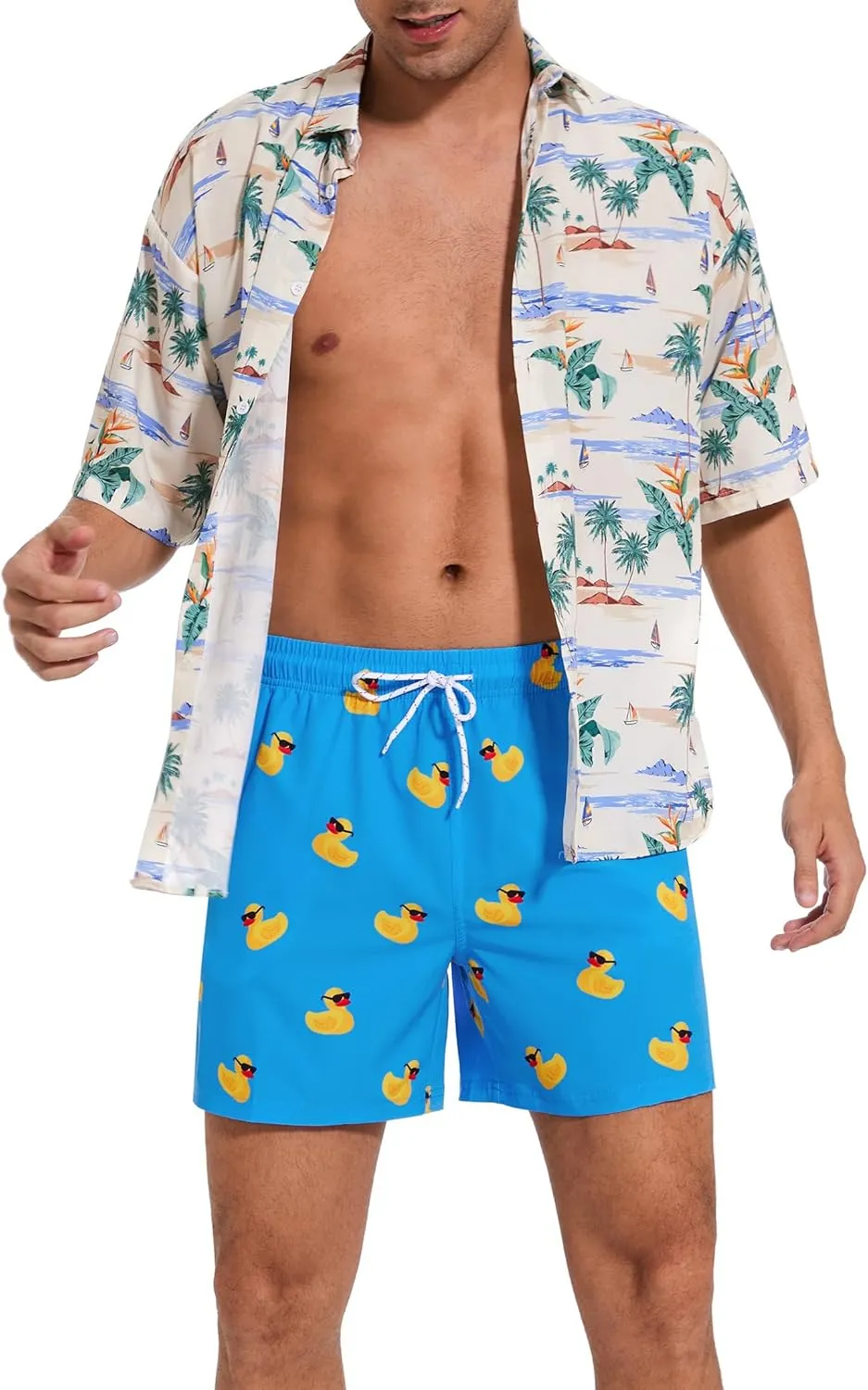 Aueyan Mens Swim Trunks 5.5 inch with Compression Liner Zipper Pockets,Quick Dry Swimsuit Trunks Funny Beach Board Shorts
