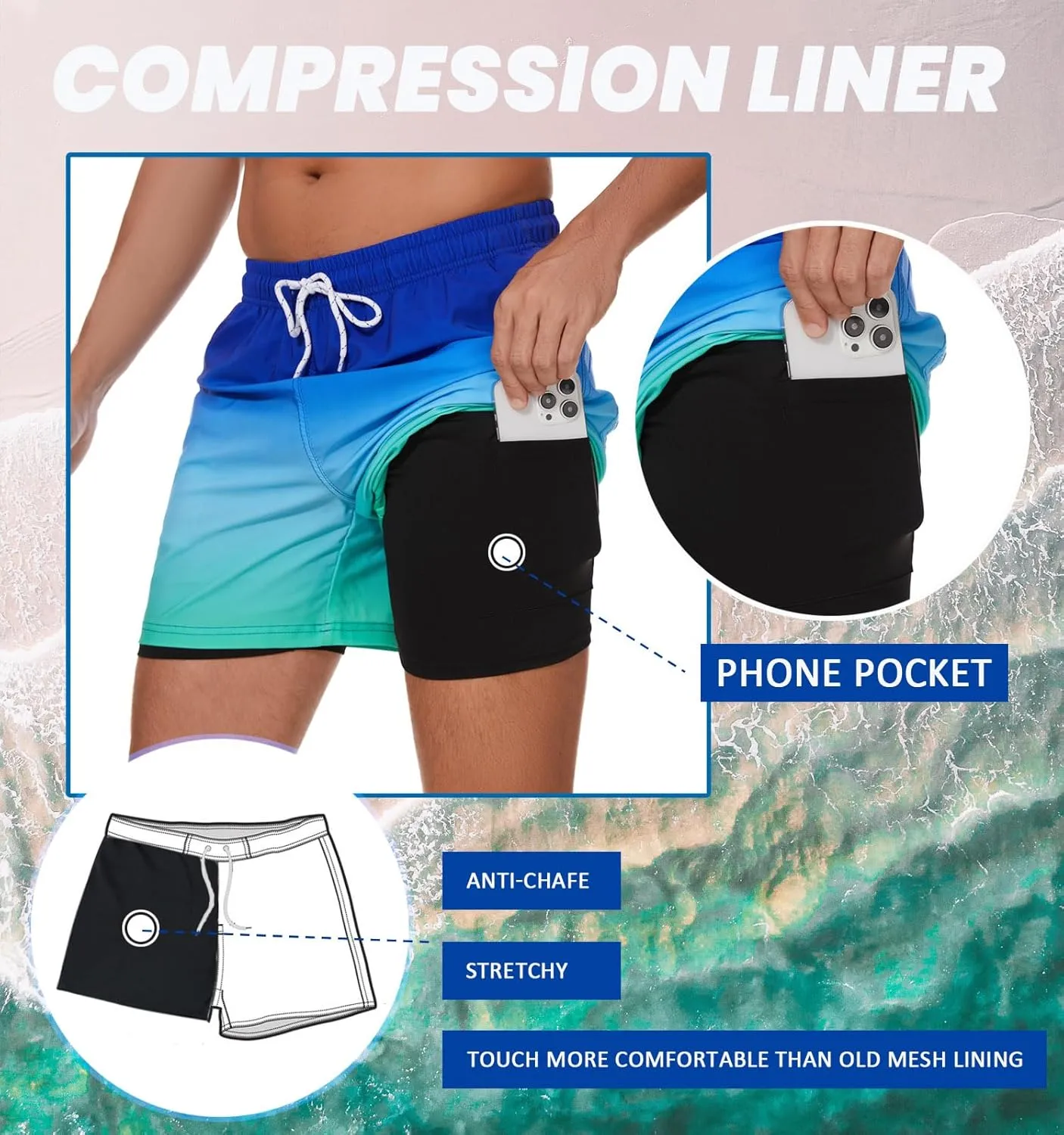 Aueyan Mens Swim Trunks 5.5 inch with Compression Liner Zipper Pockets,Quick Dry Swimsuit Trunks Funny Beach Board Shorts