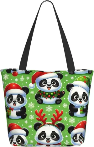 Augenstern Women Shoulder Bag Pandas-Christmas-Santa-Hats Foldable Tote Bag With Zipper Closure Casual Shopping Purse Daily Bag