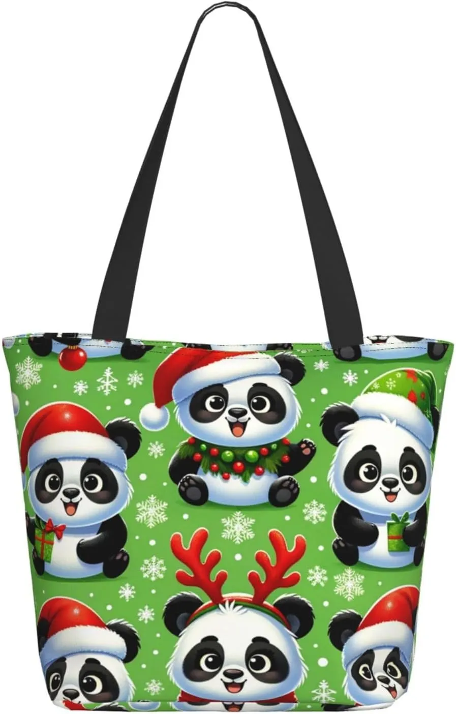 Augenstern Women Shoulder Bag Pandas-Christmas-Santa-Hats Foldable Tote Bag With Zipper Closure Casual Shopping Purse Daily Bag