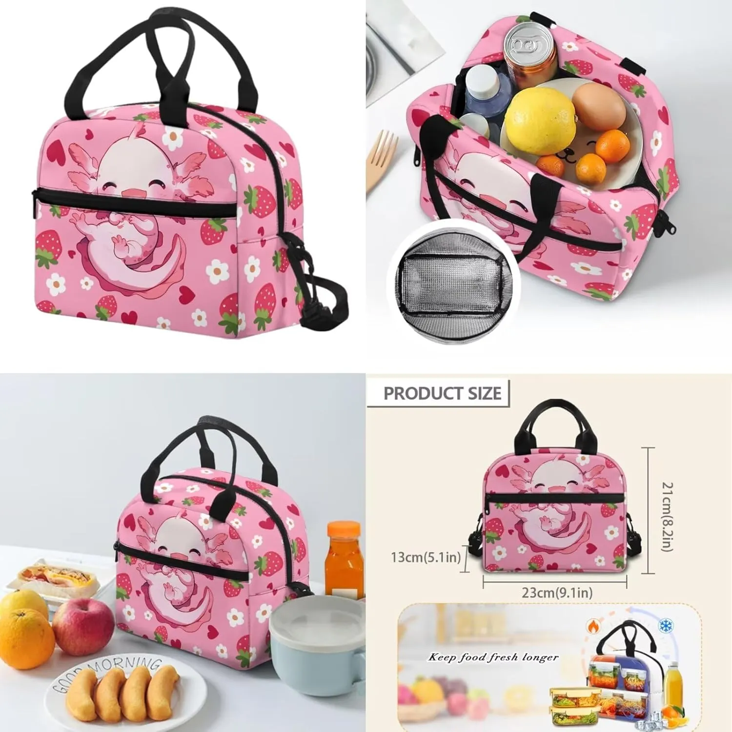 Axolotl Backpack for Kindergarten Girls Strawberry Backpacks for Girls 10-12 with Lunchbox Pink Back to School Daycare Rucksack Satchel