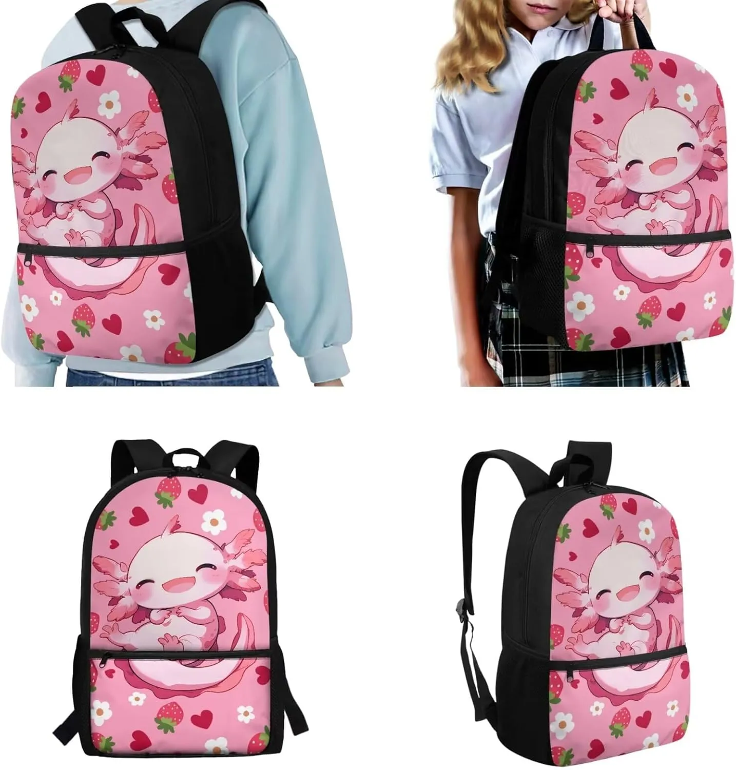 Axolotl Backpack for Kindergarten Girls Strawberry Backpacks for Girls 10-12 with Lunchbox Pink Back to School Daycare Rucksack Satchel