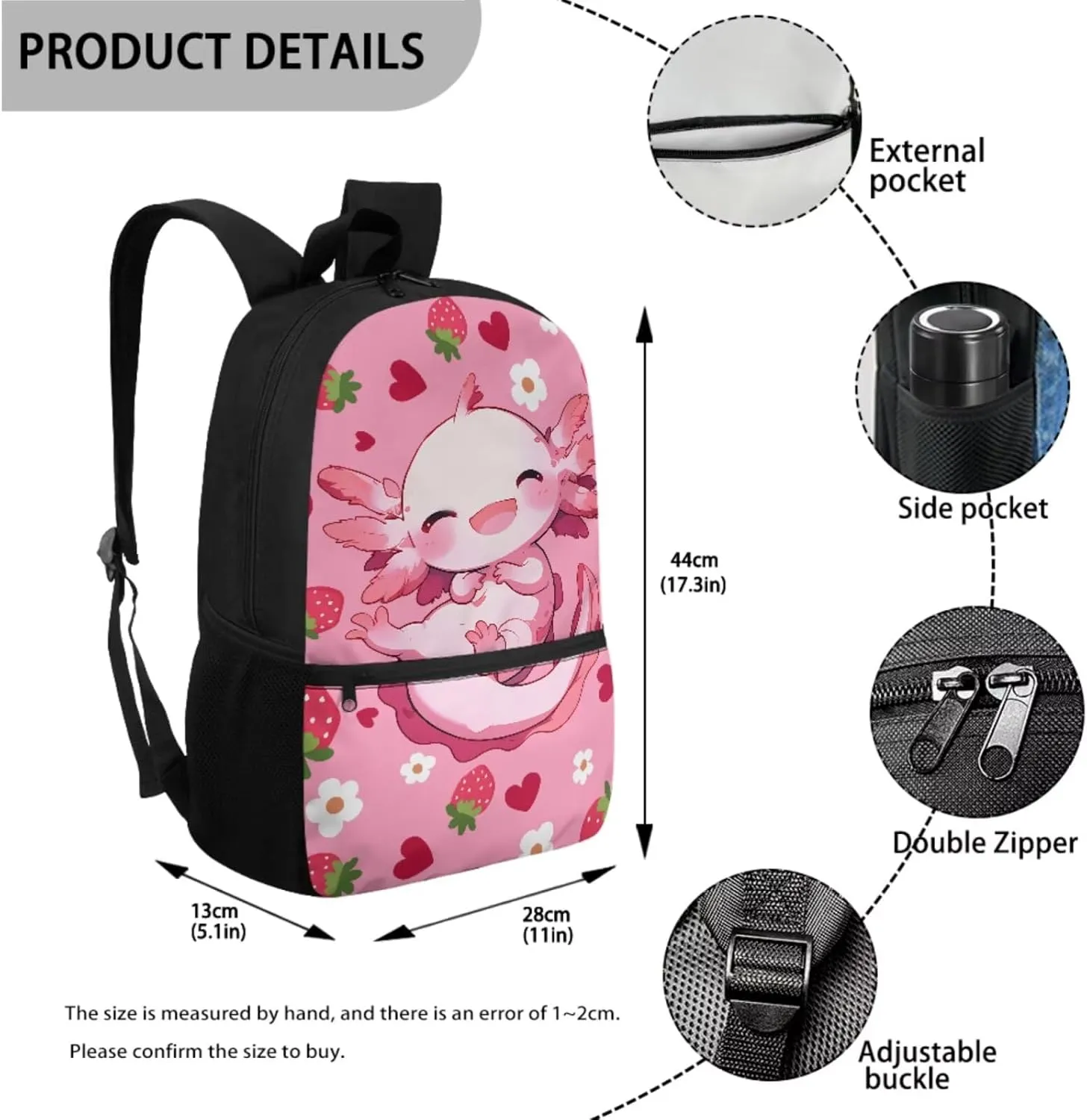 Axolotl Backpack for Kindergarten Girls Strawberry Backpacks for Girls 10-12 with Lunchbox Pink Back to School Daycare Rucksack Satchel