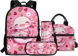Axolotl Backpack for Kindergarten Girls Strawberry Backpacks for Girls 10-12 with Lunchbox Pink Back to School Daycare Rucksack Satchel