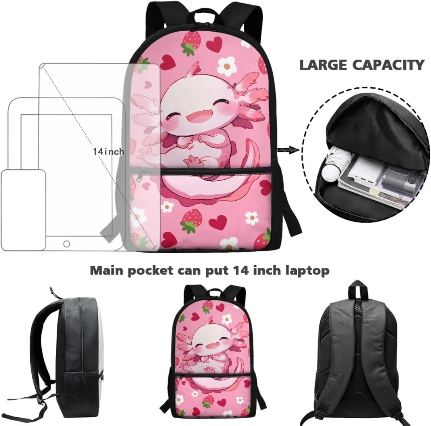 Axolotl Backpack for Kindergarten Girls Strawberry Backpacks for Girls 10-12 with Lunchbox Pink Back to School Daycare Rucksack Satchel