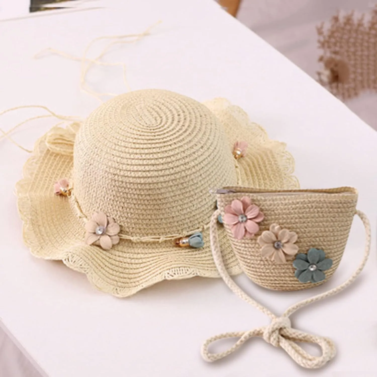 Baby Girl Flower Stra Sun Hat Summer Beach Hats with Flowers Bag Girls UPF 50  U Protction Bucket