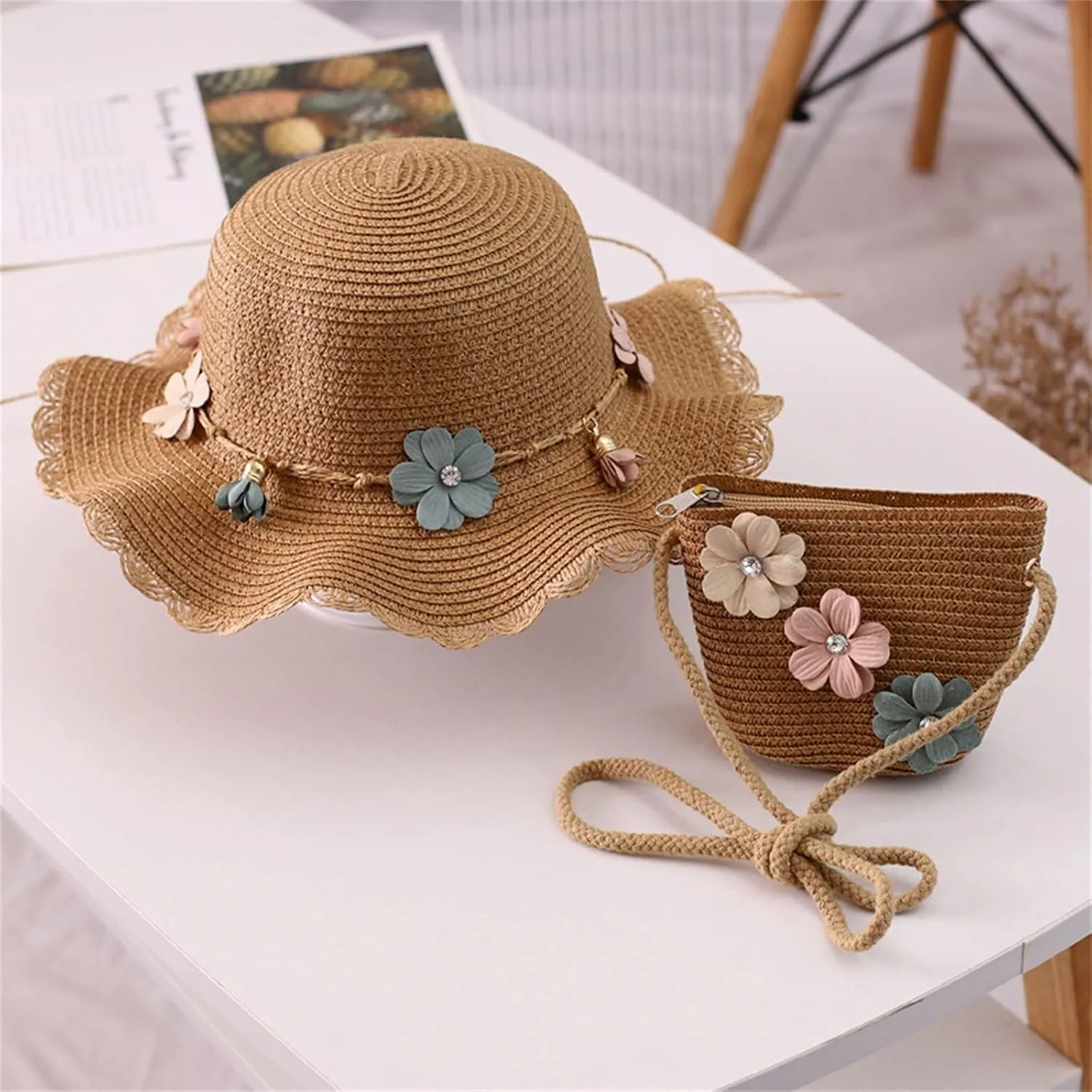Baby Girl Flower Stra Sun Hat Summer Beach Hats with Flowers Bag Girls UPF 50  U Protction Bucket