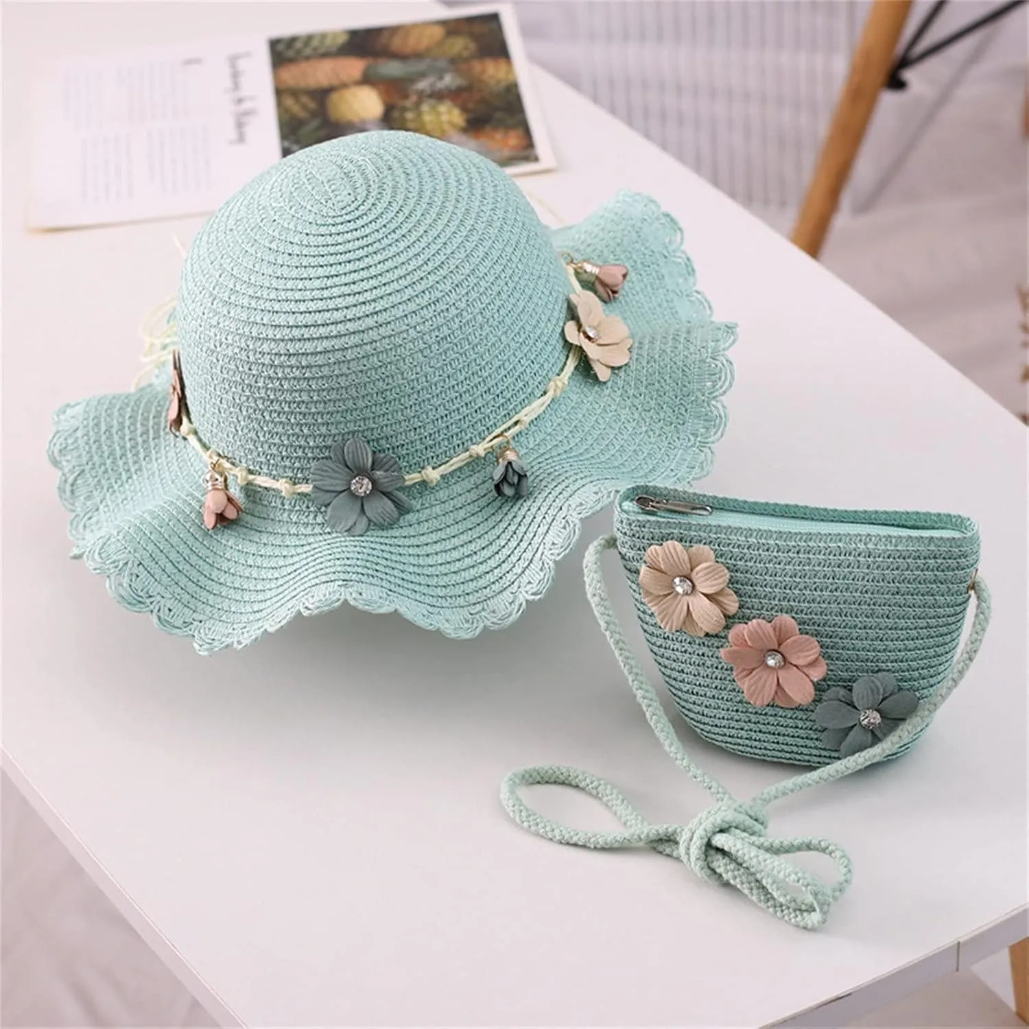 Baby Girl Flower Stra Sun Hat Summer Beach Hats with Flowers Bag Girls UPF 50  U Protction Bucket