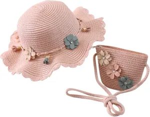 Baby Girl Flower Stra Sun Hat Summer Beach Hats with Flowers Bag Girls UPF 50  U Protction Bucket