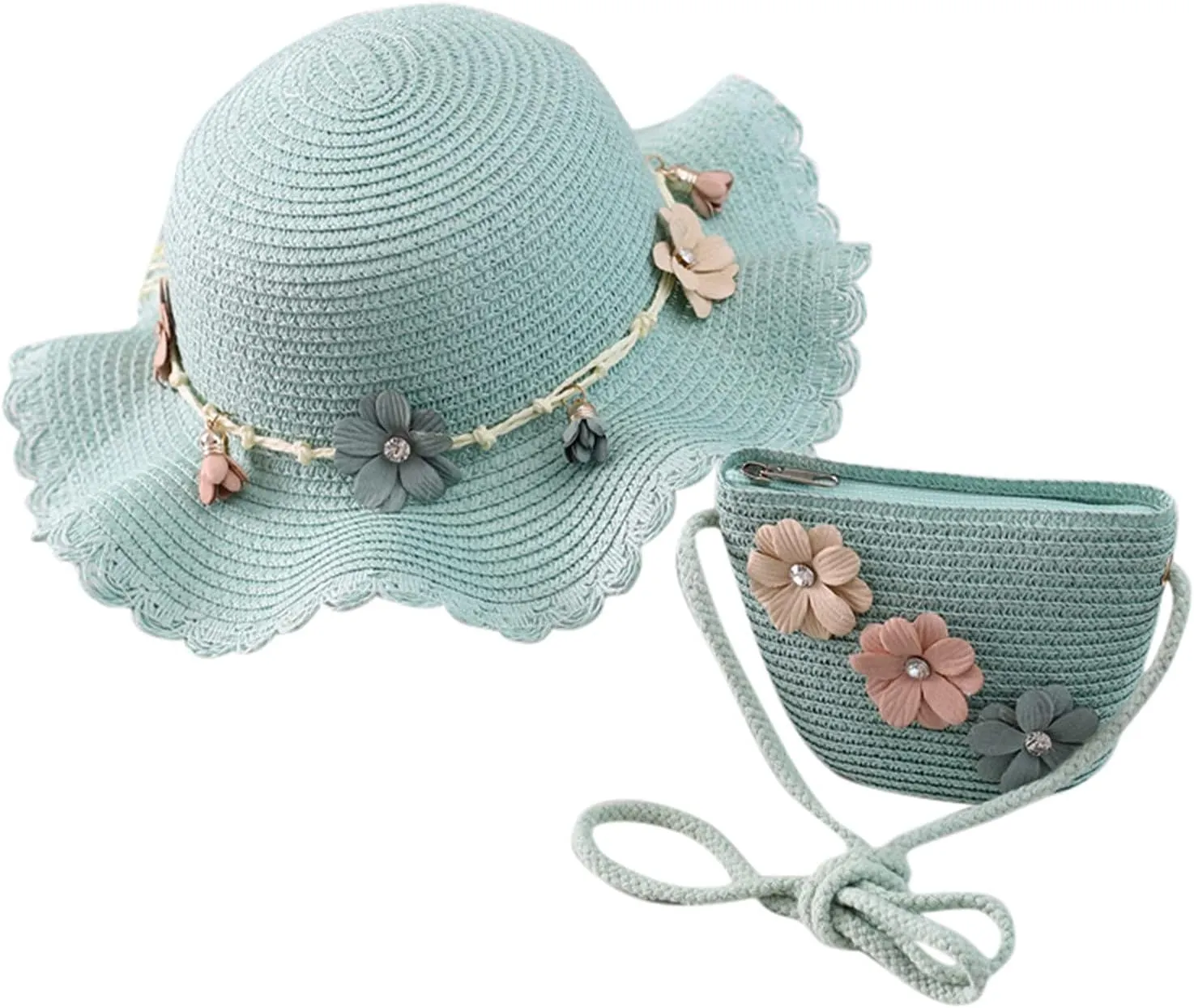 Baby Girl Flower Stra Sun Hat Summer Beach Hats with Flowers Bag Girls UPF 50  U Protction Bucket