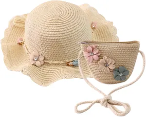 Baby Girl Flower Stra Sun Hat Summer Beach Hats with Flowers Bag Girls UPF 50  U Protction Bucket