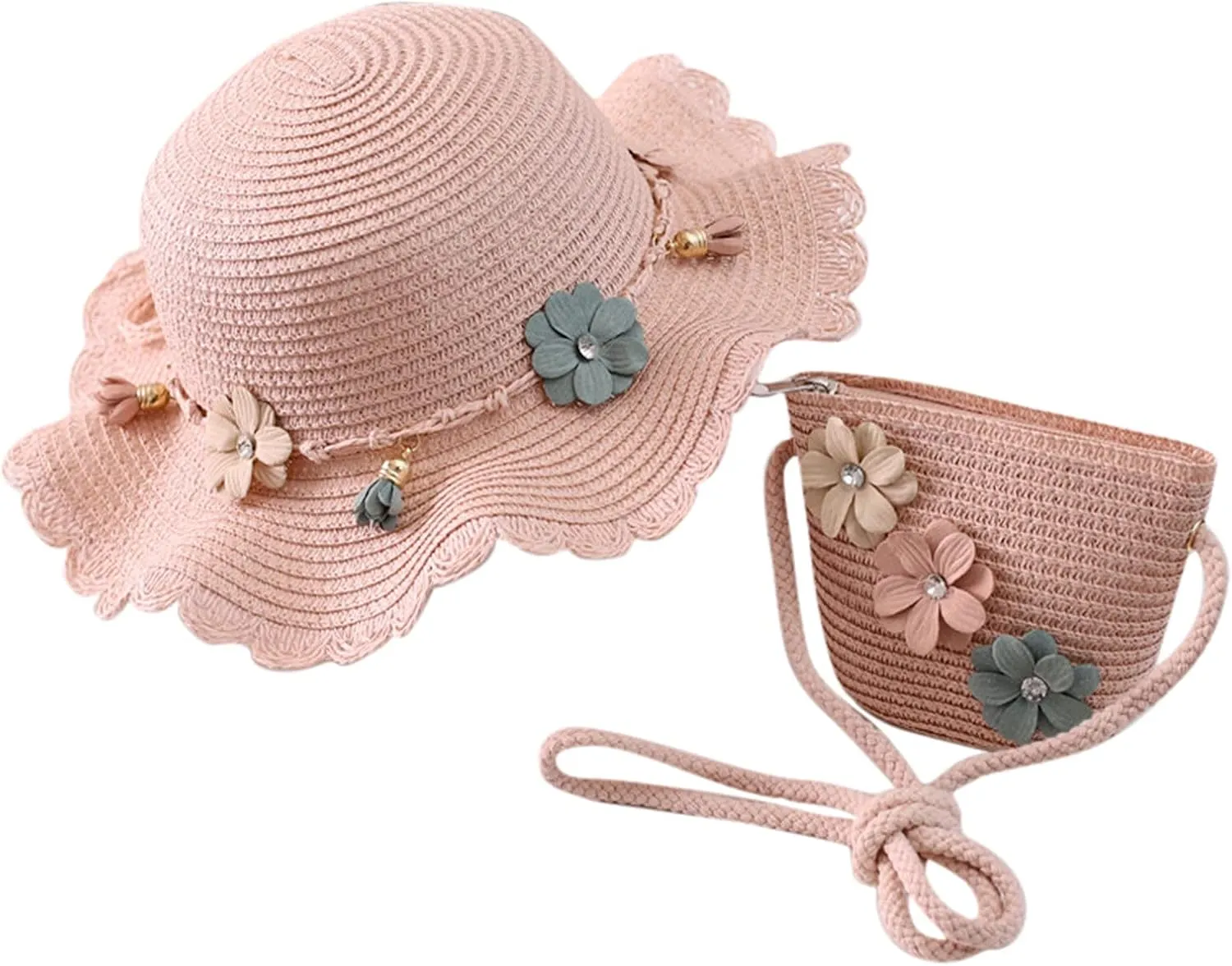 Baby Girl Flower Stra Sun Hat Summer Beach Hats with Flowers Bag Girls UPF 50  U Protction Bucket