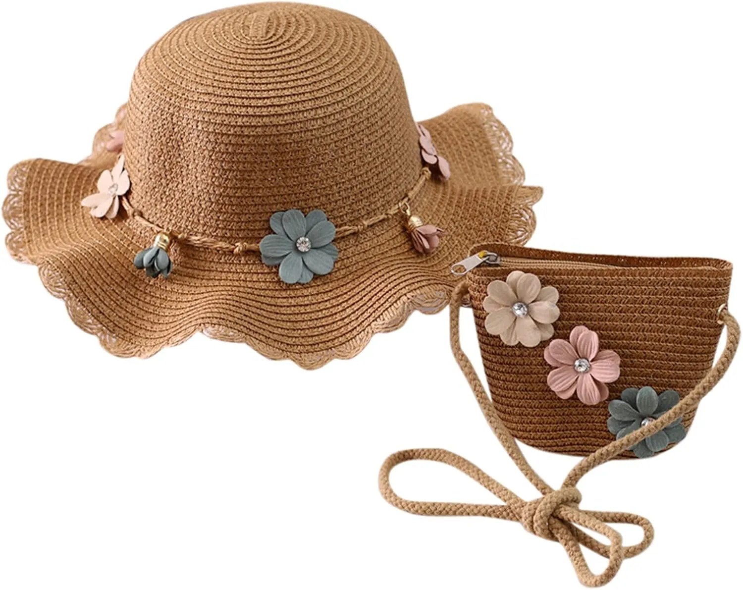 Baby Girl Flower Stra Sun Hat Summer Beach Hats with Flowers Bag Girls UPF 50  U Protction Bucket