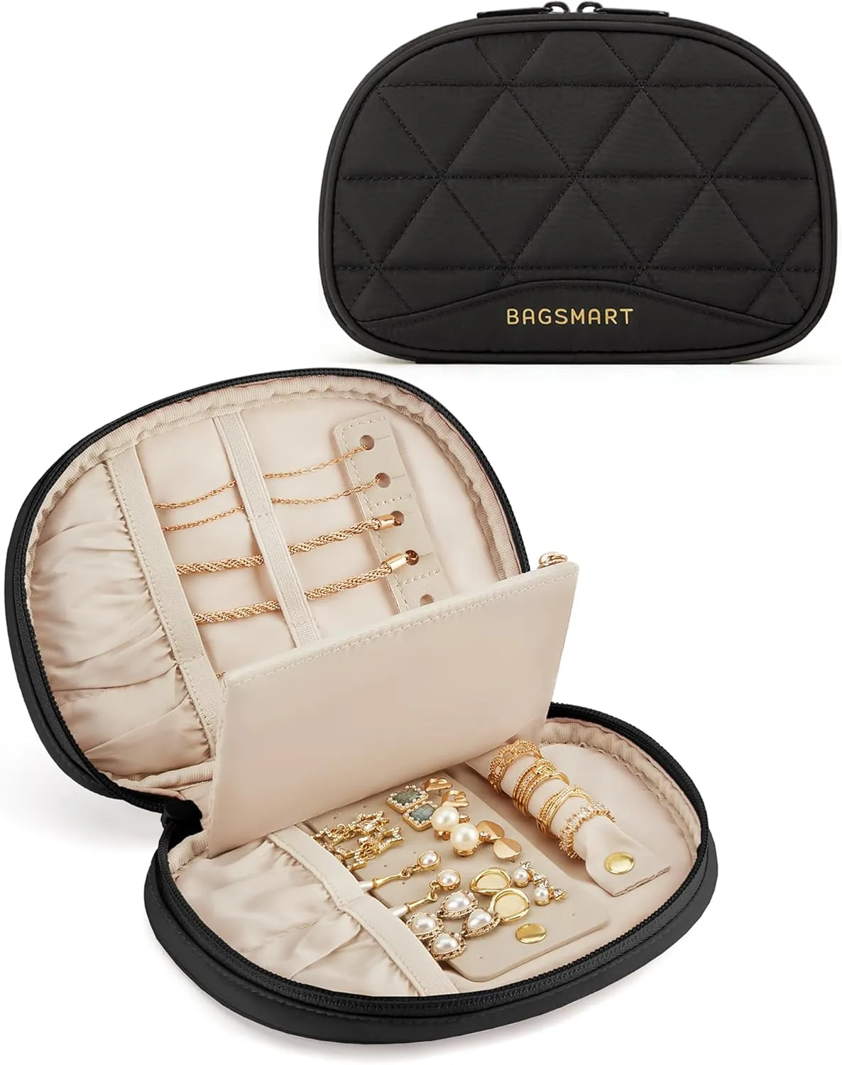 BAGSMART Travel Jewelry Case Jewelry Organizer Storage Roll Rings Necklaces Earrings Bracelets Brooches Watch Small Portable Black