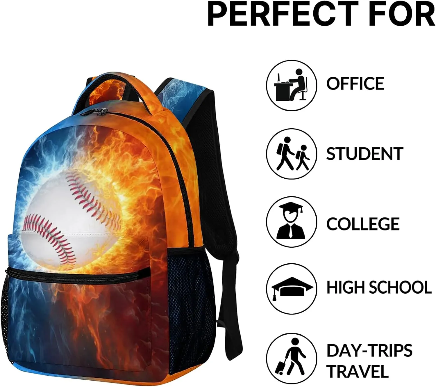 Baseball Backpack for Boys, Cool Fire and Ice Baseball Backpack for School, Youth Kids Baseball Bookbag, Sport Balls Kids Backpack for Teens Boys Girls, Travel Laptop backpack, 16 Inch