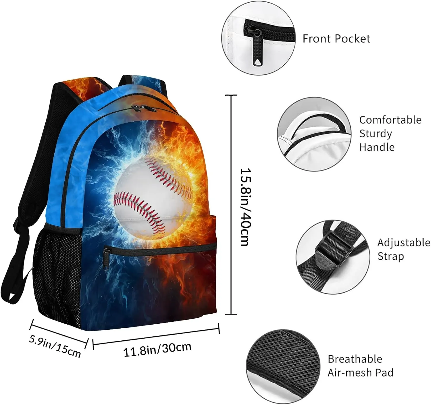 Baseball Backpack for Boys, Cool Fire and Ice Baseball Backpack for School, Youth Kids Baseball Bookbag, Sport Balls Kids Backpack for Teens Boys Girls, Travel Laptop backpack, 16 Inch