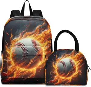 Baseball on Fire Backpack Waterproof Lunch Bag, Backpacks with Lunchbox