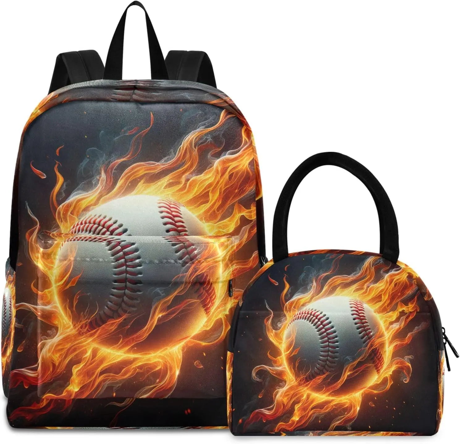 Baseball on Fire Backpack Waterproof Lunch Bag, Backpacks with Lunchbox