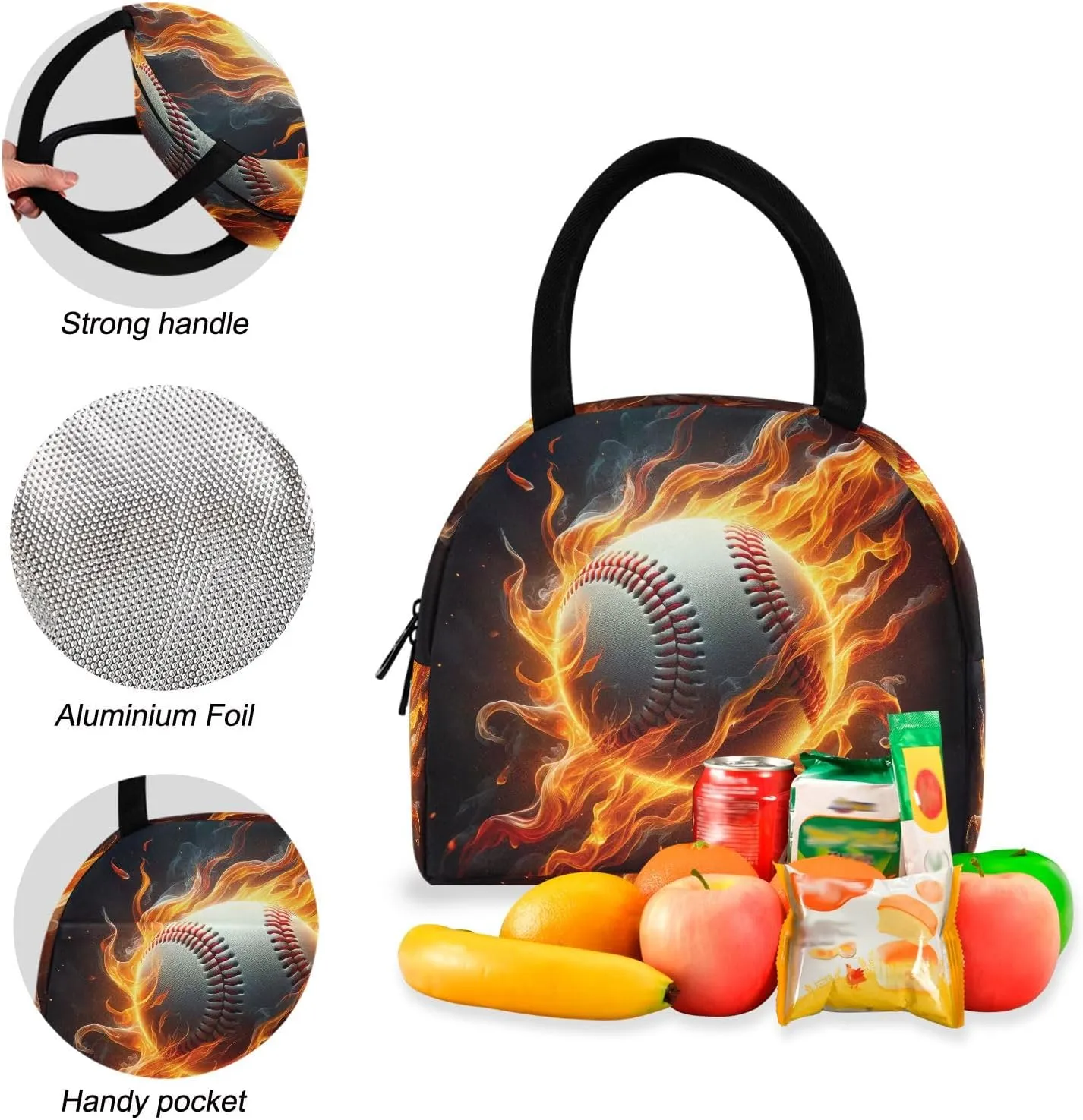 Baseball on Fire Backpack Waterproof Lunch Bag, Backpacks with Lunchbox