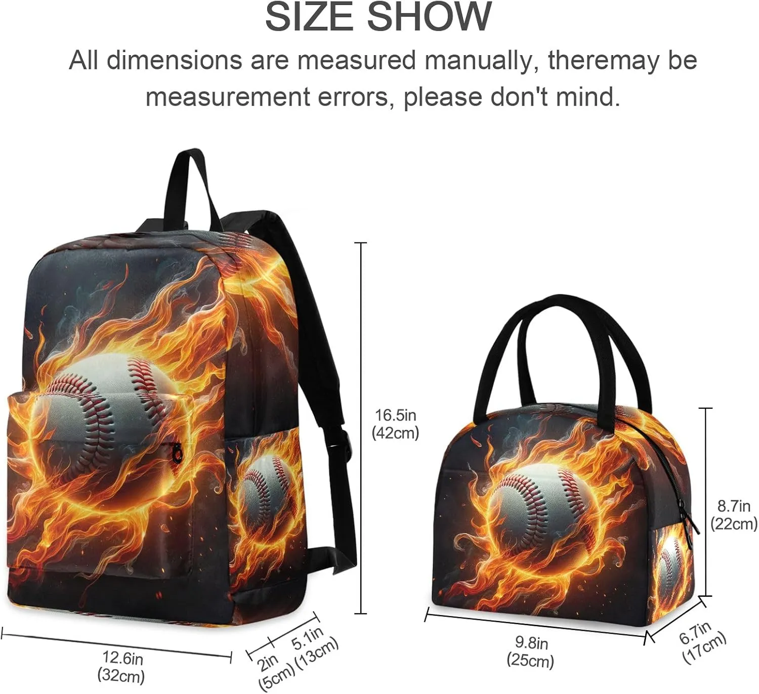 Baseball on Fire Backpack Waterproof Lunch Bag, Backpacks with Lunchbox