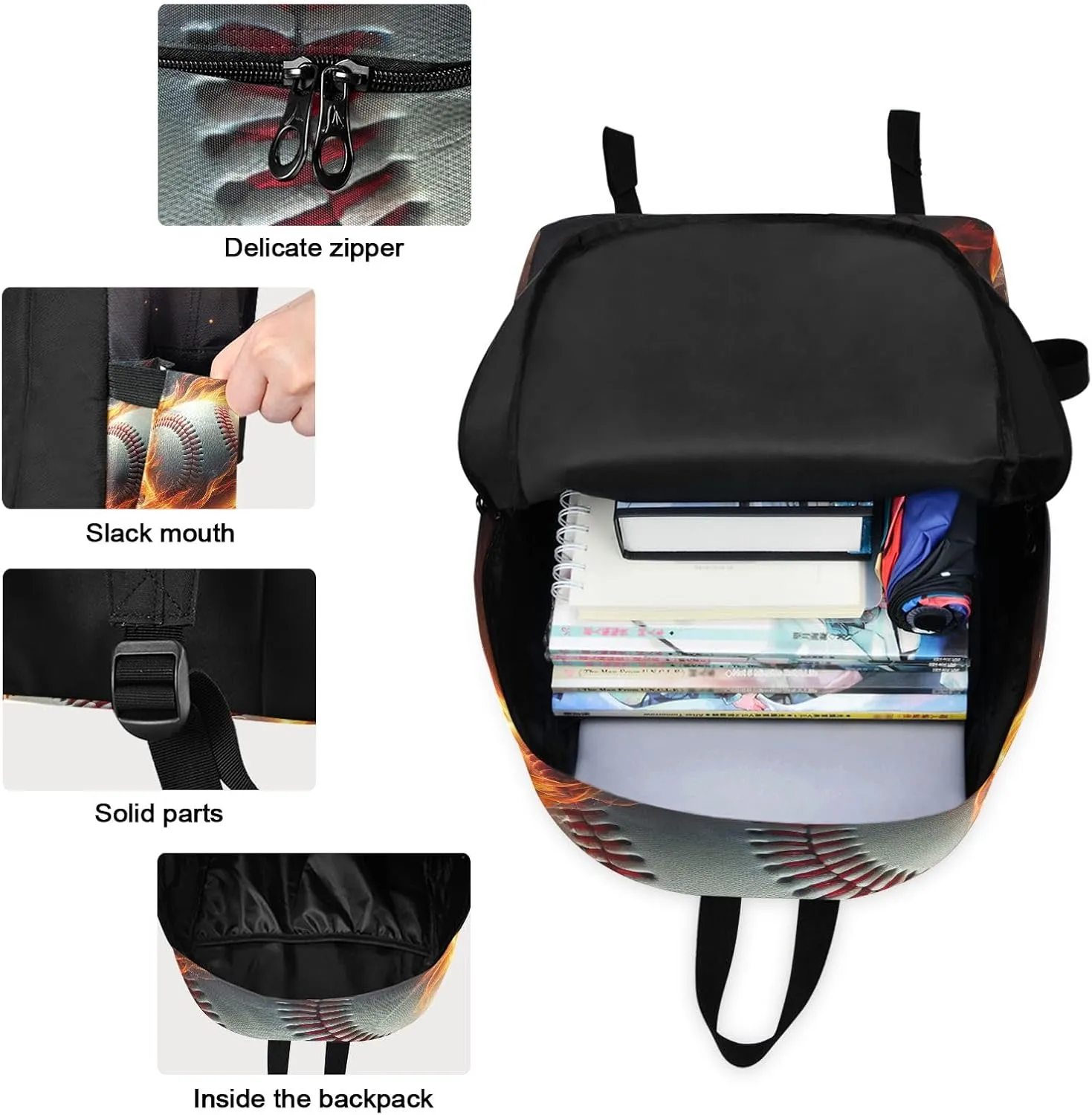 Baseball on Fire Backpack Waterproof Lunch Bag, Backpacks with Lunchbox