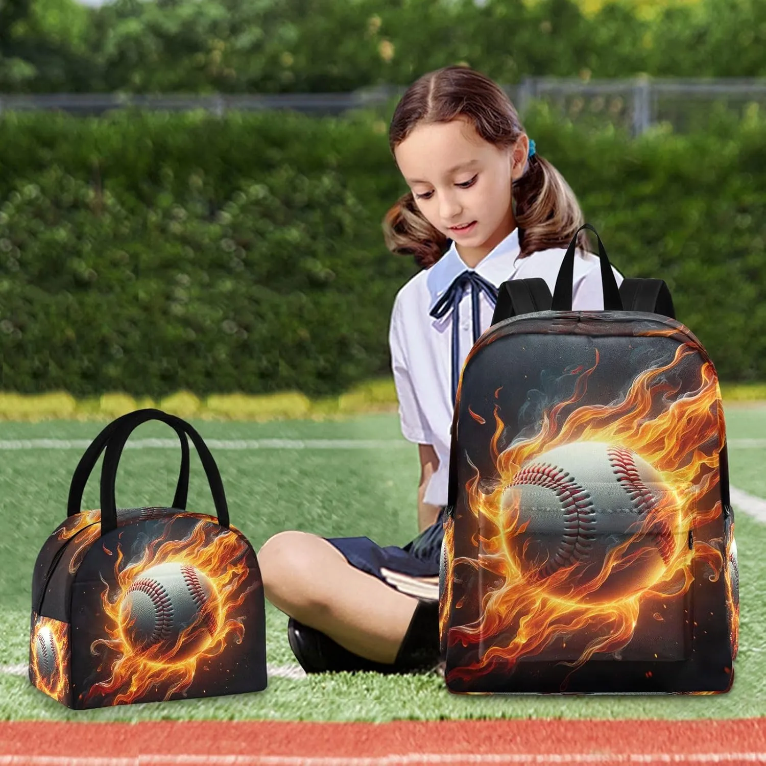 Baseball on Fire Backpack Waterproof Lunch Bag, Backpacks with Lunchbox