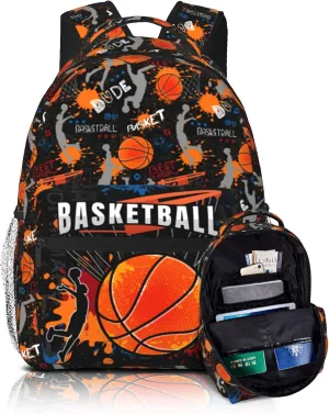 Basketball School Backpack for Boys Girls Sport Man Schoolbag Basketball Print Bookbag Computer Laptop Backpack for Travel Hiking Camping Gym Gift for Sport Lovers