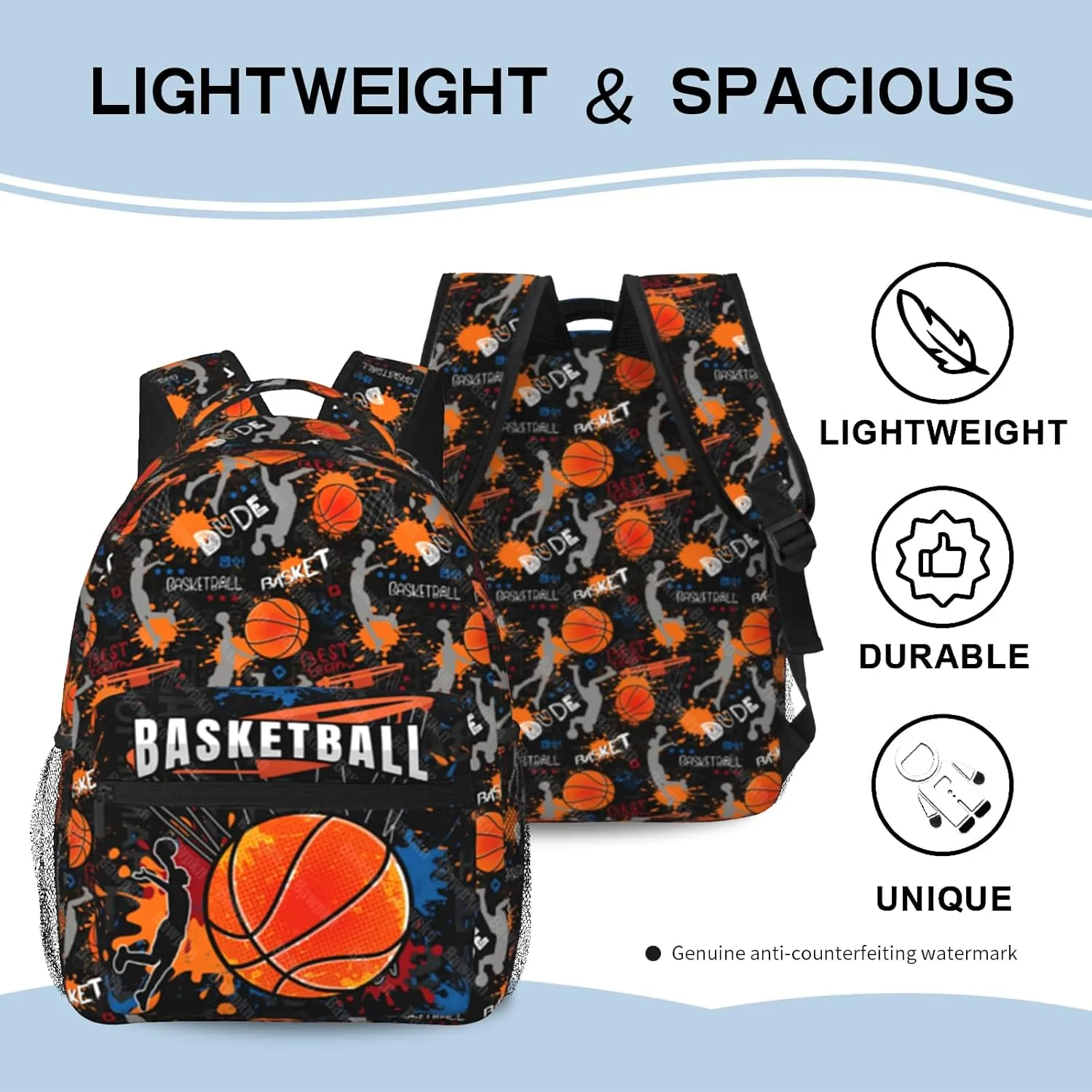 Basketball School Backpack for Boys Girls Sport Man Schoolbag Basketball Print Bookbag Computer Laptop Backpack for Travel Hiking Camping Gym Gift for Sport Lovers