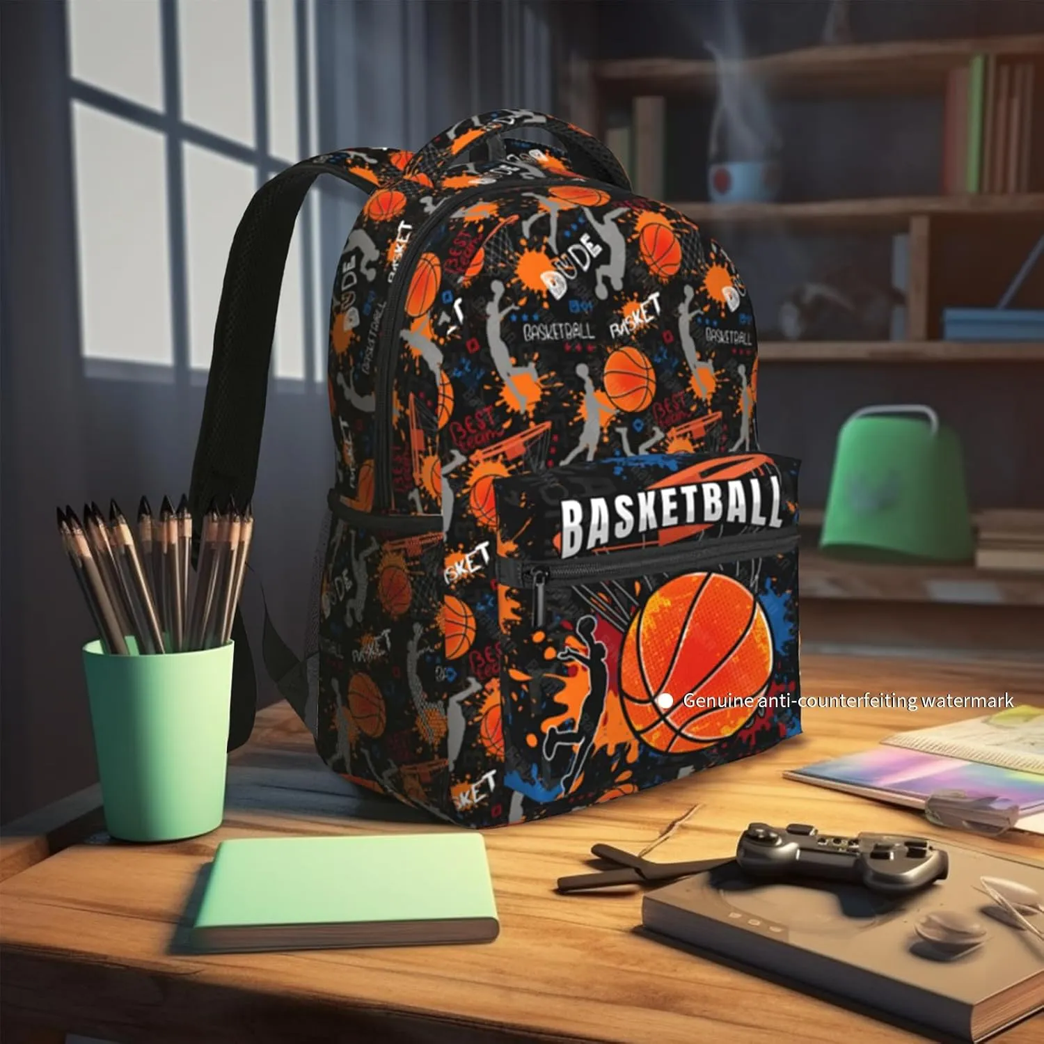 Basketball School Backpack for Boys Girls Sport Man Schoolbag Basketball Print Bookbag Computer Laptop Backpack for Travel Hiking Camping Gym Gift for Sport Lovers