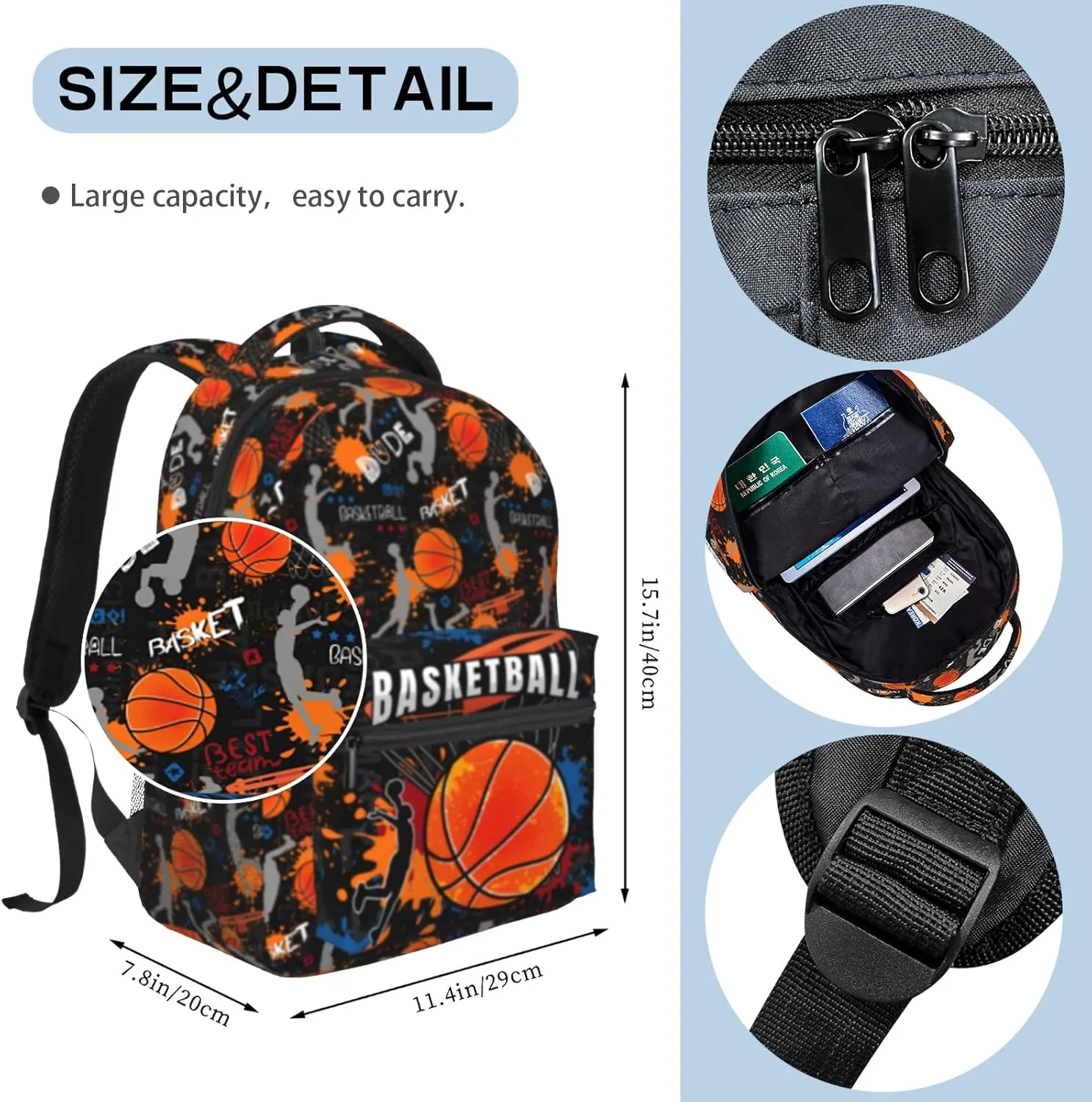 Basketball School Backpack for Boys Girls Sport Man Schoolbag Basketball Print Bookbag Computer Laptop Backpack for Travel Hiking Camping Gym Gift for Sport Lovers