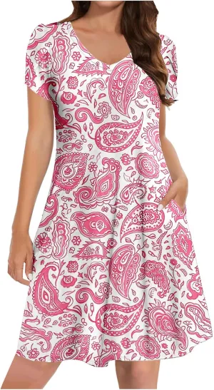 Beach Dresses for Women Casual V-Neck Short Sleeve Bohemian Print Sundress Summer Floral Fashion Dress 2025