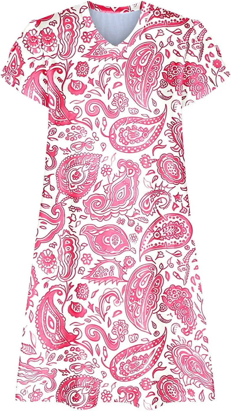 Beach Dresses for Women Casual V-Neck Short Sleeve Bohemian Print Sundress Summer Floral Fashion Dress 2025