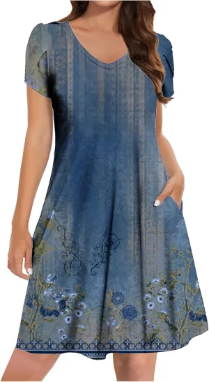 Beach Dresses for Women Casual V-Neck Short Sleeve Bohemian Print Sundress Summer Floral Fashion Dress 2025