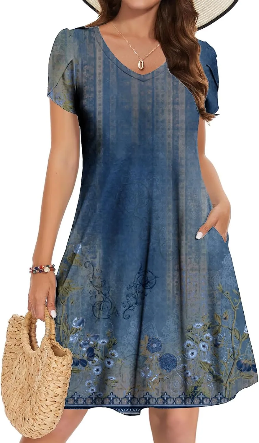 Beach Dresses for Women Casual V-Neck Short Sleeve Bohemian Print Sundress Summer Floral Fashion Dress 2025