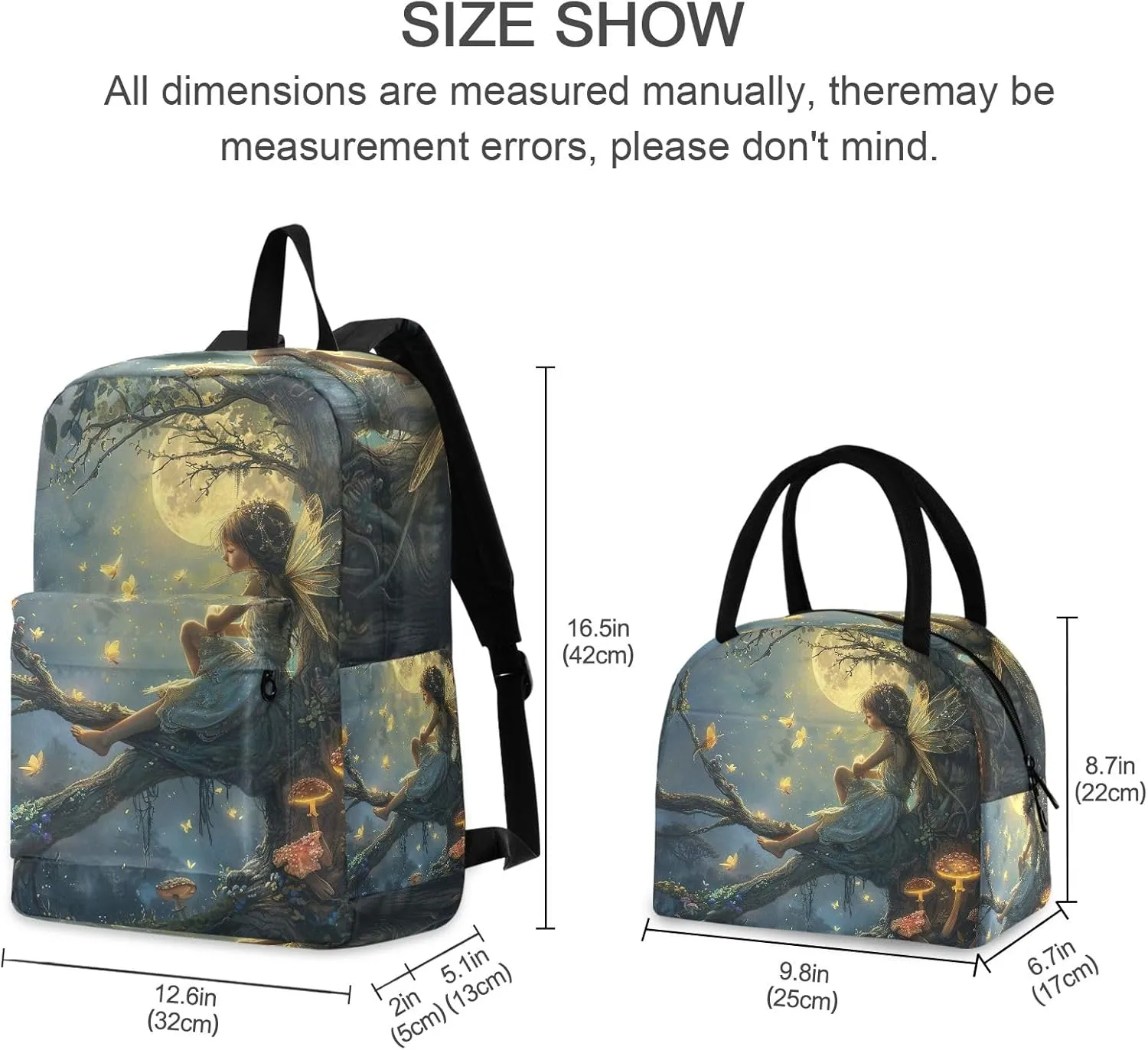 Beautiful Fairy with Wings Childrens Backpacks Large Waterproof Lunch Bag, Girls Backpack Elementary School