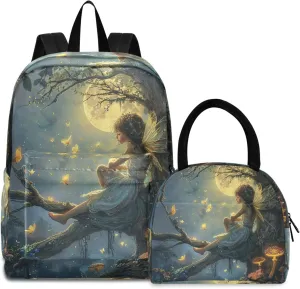 Beautiful Fairy with Wings Childrens Backpacks Large Waterproof Lunch Bag, Girls Backpack Elementary School
