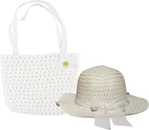 BFL Girls Tea Party Set Includes 1pc Straw Paper Hand Bags and 1pc Sun Hats with Flower and Ribbon Designs for Kids Children Dress up Playtime Spring Summer Costume Beach Birthday Accessories (White)