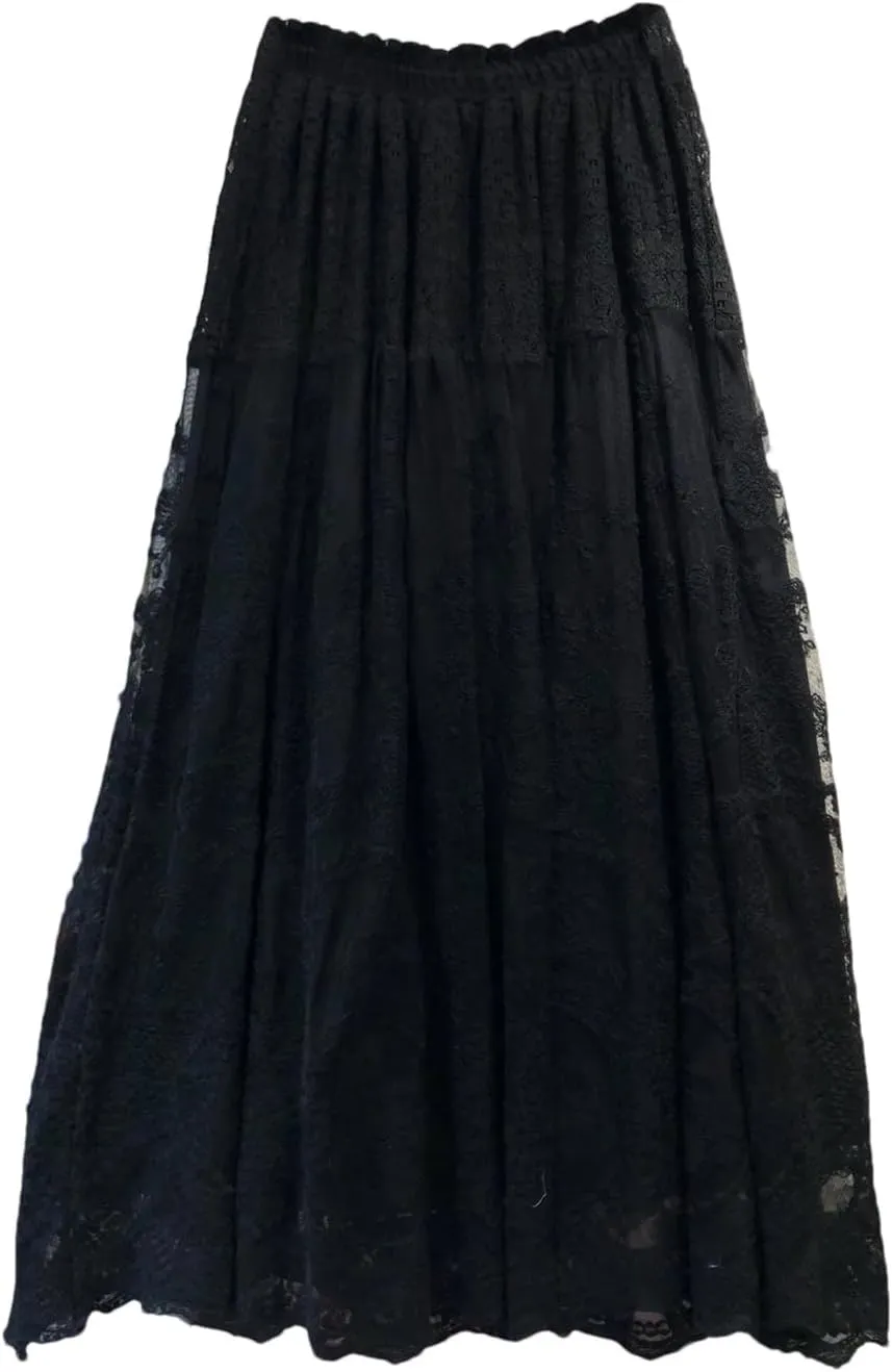 Big Swing Lace Skirt for Women Elastic Waist Length Female Fashion Street Pleated A-Line Swing Midi Skirt