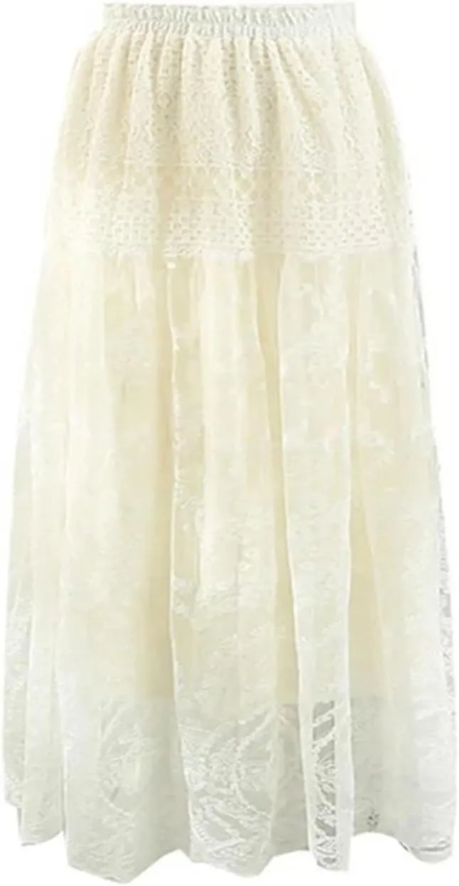 Big Swing Lace Skirt for Women Elastic Waist Length Female Fashion Street Pleated A-Line Swing Midi Skirt