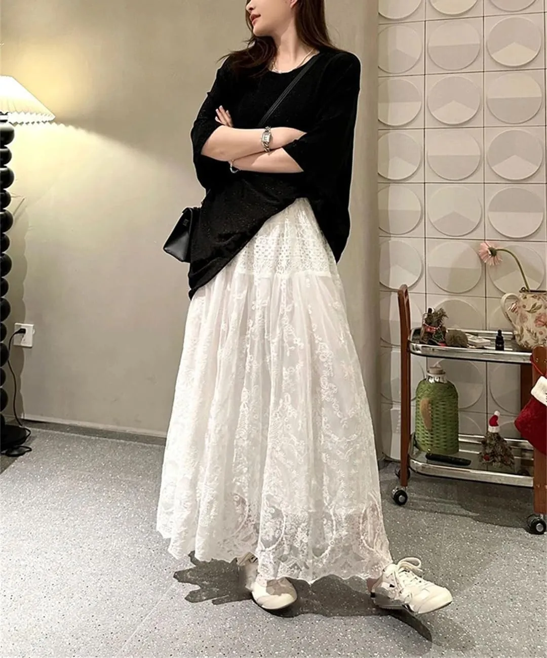 Big Swing Lace Skirt for Women Elastic Waist Length Female Fashion Street Pleated A-Line Swing Midi Skirt