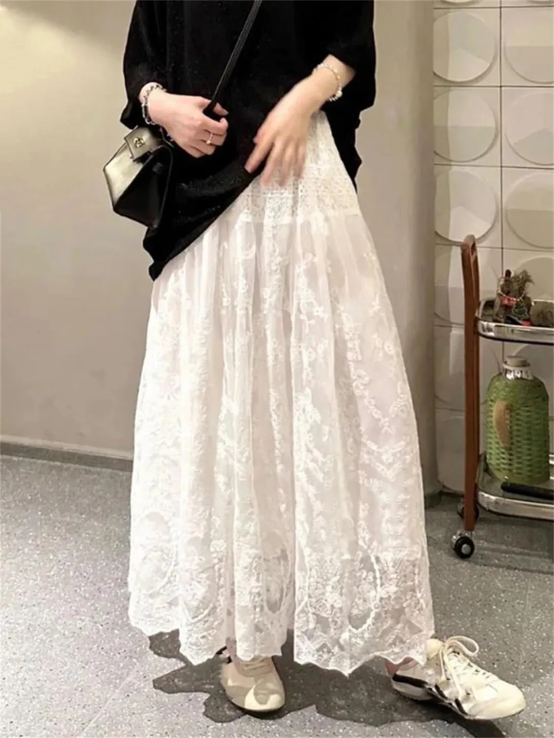 Big Swing Lace Skirt for Women Elastic Waist Length Female Fashion Street Pleated A-Line Swing Midi Skirt