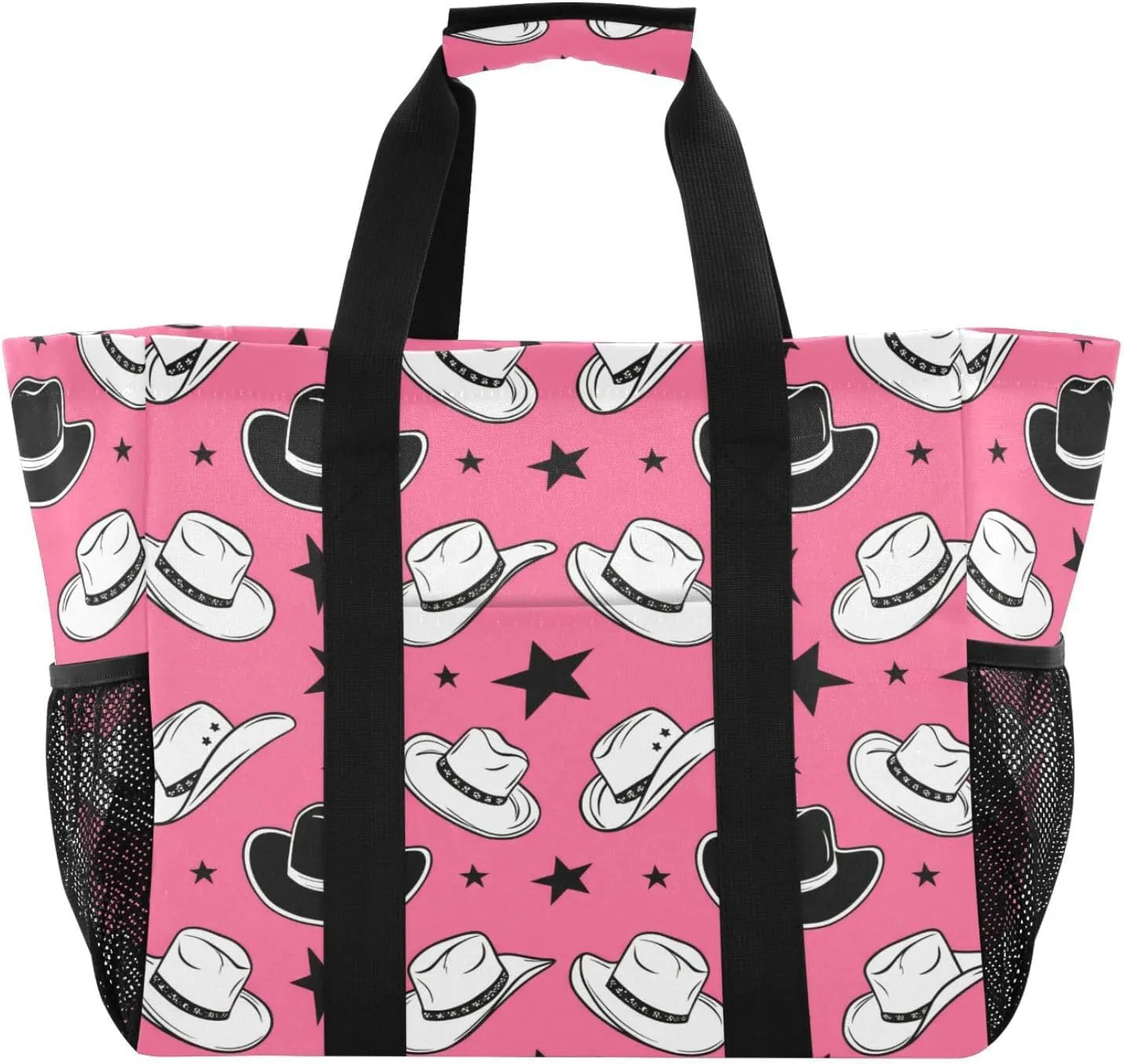 Black and White Hats Reusable Grocery Bags Large Tote Bag Waterproof Canvas Organizer for Beach Picnic Laundry Travel