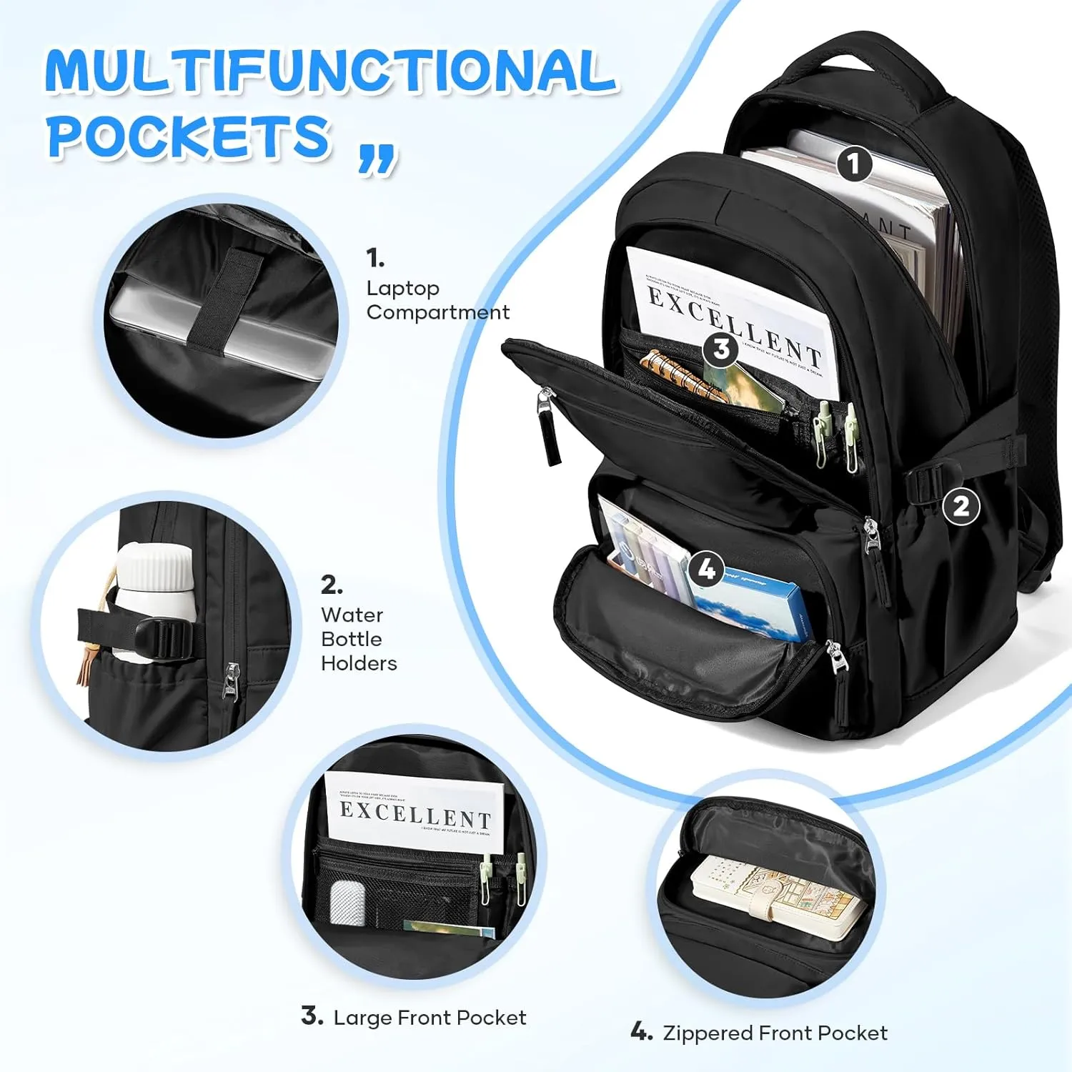 Black Backpack for Women School Backpack with Laptop Compartment Gym Bag for Men Travel Laptop Backpacks for College Students School Bag Bookbag College Backpacks for Women Men