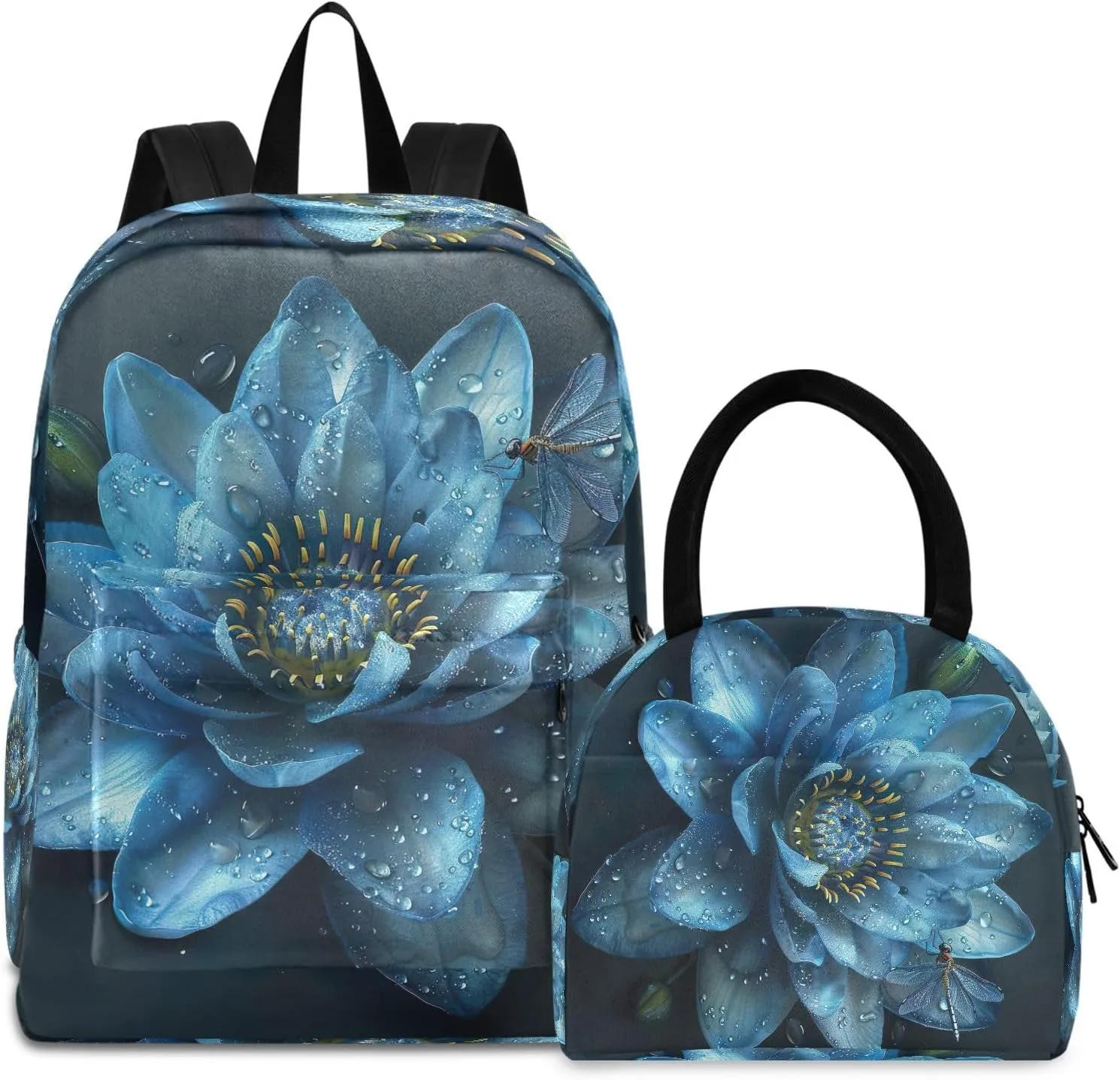 Blue Water Lily Flower Lunchbox Backpack Cooler Backpacks Waterproof, Backpack with Lunch Bag