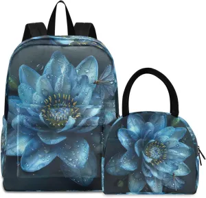 Blue Water Lily Flower Lunchbox Backpack Cooler Backpacks Waterproof, Backpack with Lunch Bag