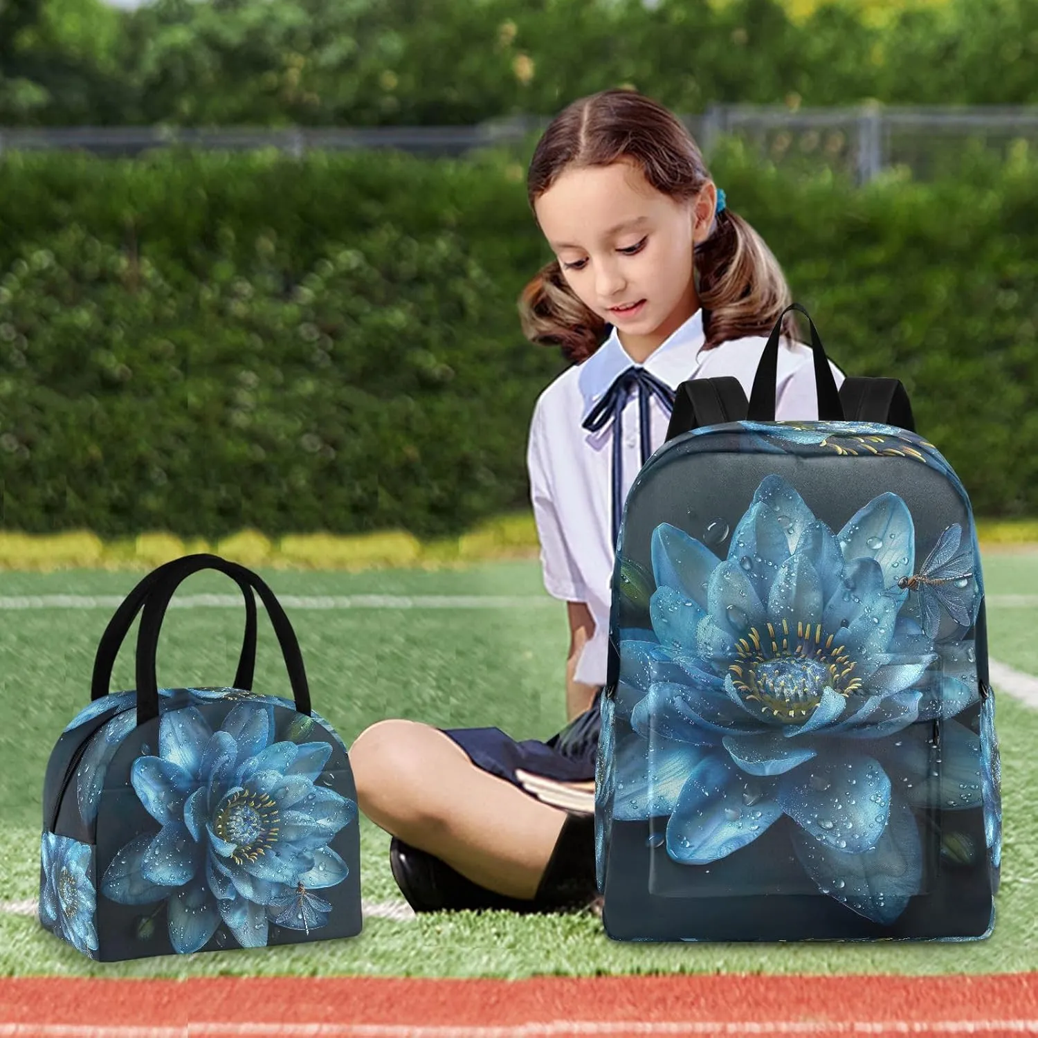 Blue Water Lily Flower Lunchbox Backpack Cooler Backpacks Waterproof, Backpack with Lunch Bag