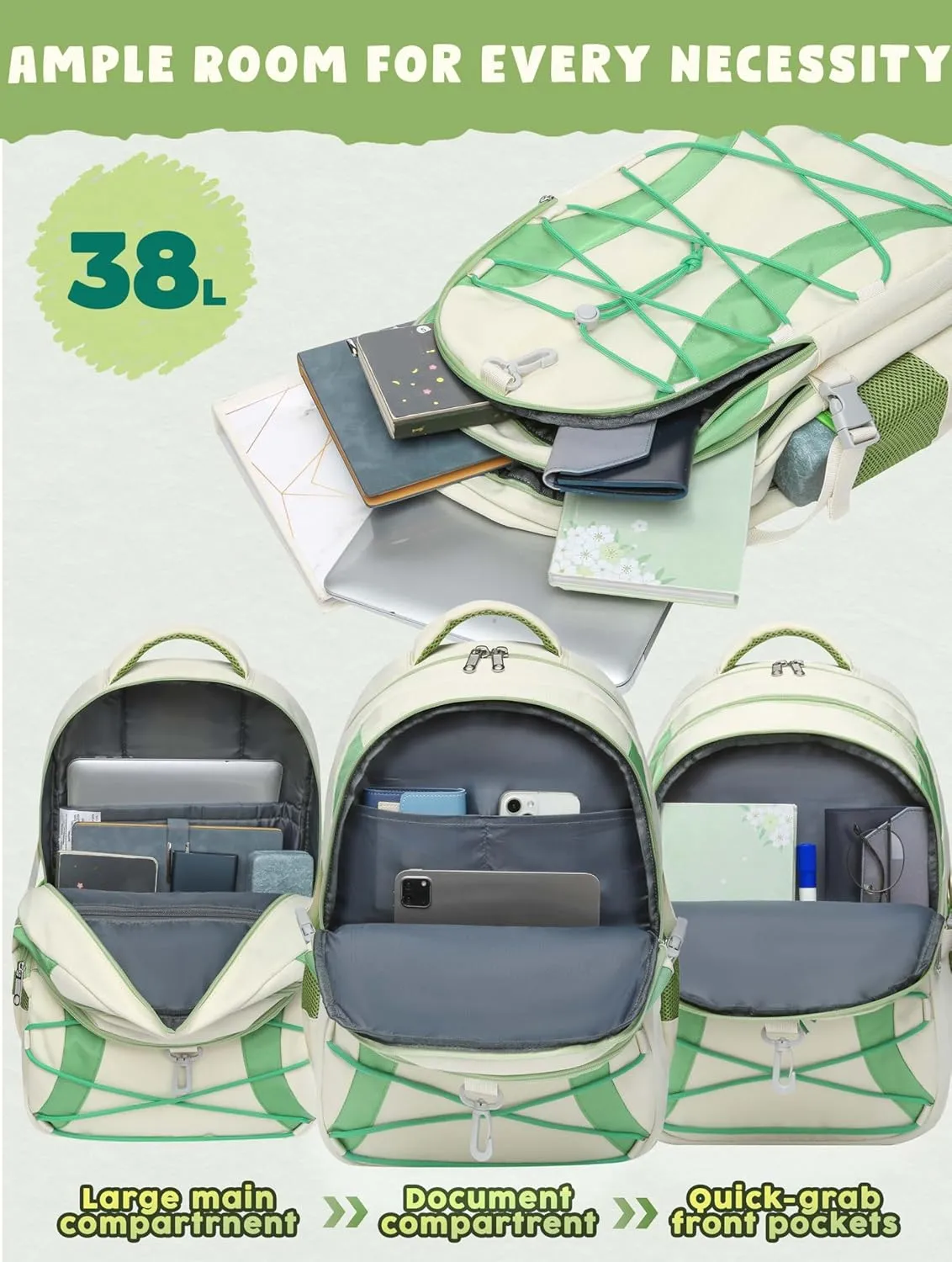 BLUEFAIRY Middle High School Backpack for Boys Girls Large Bookbag with Laptop Compartment Back to School Book Bags for Teens Teenagers Mochilas Escolares para Nios Nias (Cloud White/Green, Solid)